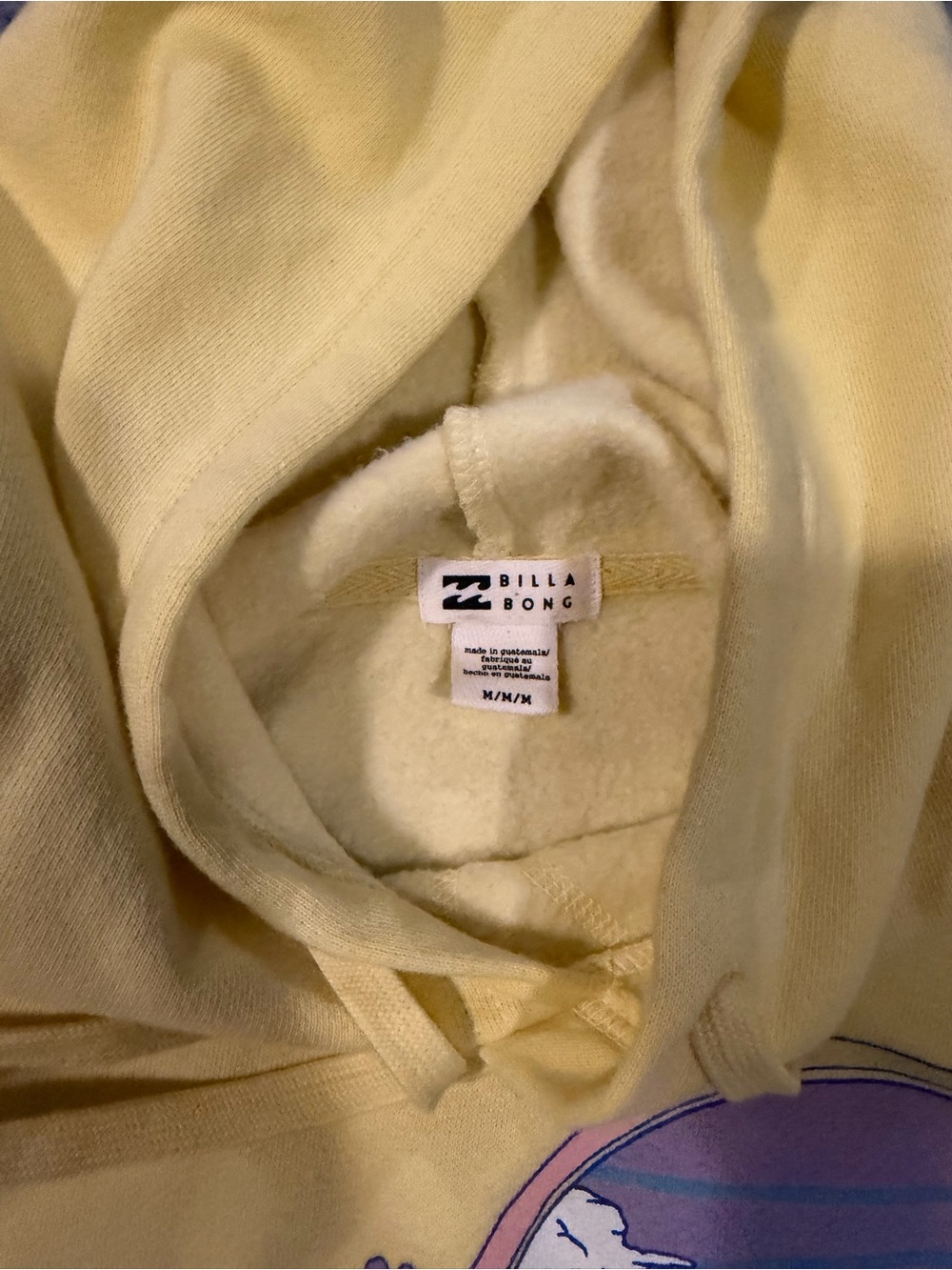 Billabong Pale Yellow Hoodie with Subtle Graphic - Picture 3 of 3